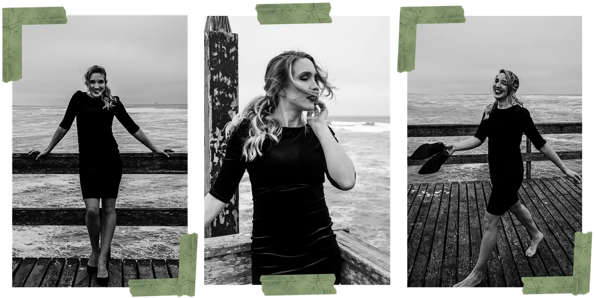 Drei verschiedene Bilder in schwarz-weiß von Jana Marie Backhaus-Tors Sprecherin und Schauspielerin in einem schwarzen kurzen Samtkleid auf der Jetty in Swakopmund am Meer.